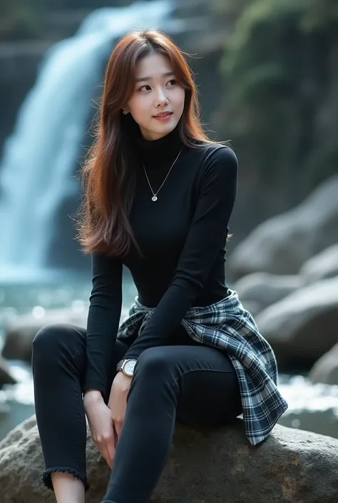 full body photography ,  A Korean woman is very beautiful, round face, fair skin, long brown hair.  Wearing a long-sleeved black turtleneck , Short sleeved flannel shirt , black jeans, high heels. Mini necklace ,  mini watch .  Sitting gracefully on rocks ...