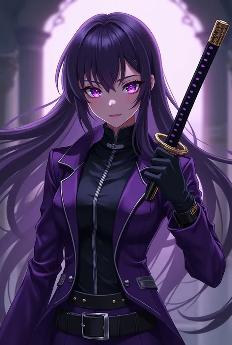 Long haired woman lilac , purple eyes,  purple leather clothing with black,Ahori negro , with Katana,  anime style Kimetsu no Yaiba  