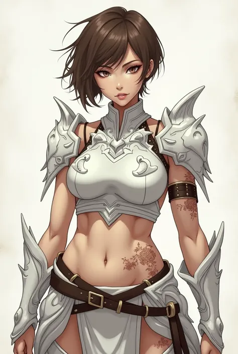  Woman with short brown hair and brown eyes looking somewhat manly with multiple scars, flat chest and white anime-style armor  