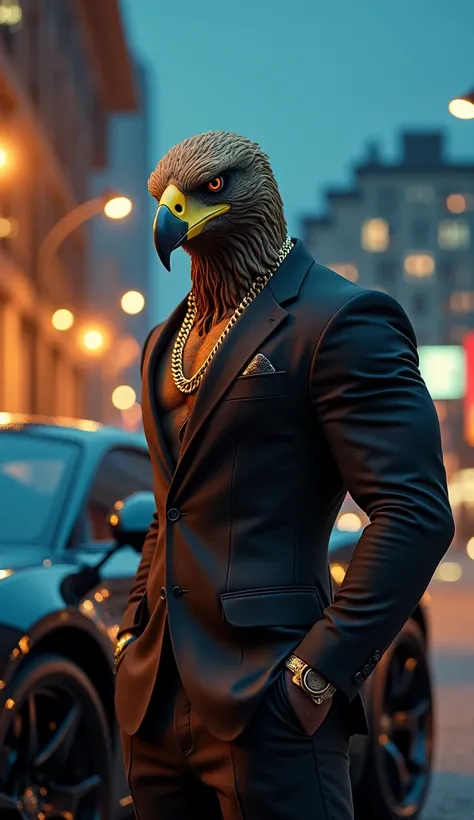 a hybrid humanoid, a mix of an eagle and a very strong man, with a muscular body and skin like that of an eagle. The humanoid is dressed in a chic suit, displaying a confident and threatening posture, next to a sports car. The scene in the background of th...