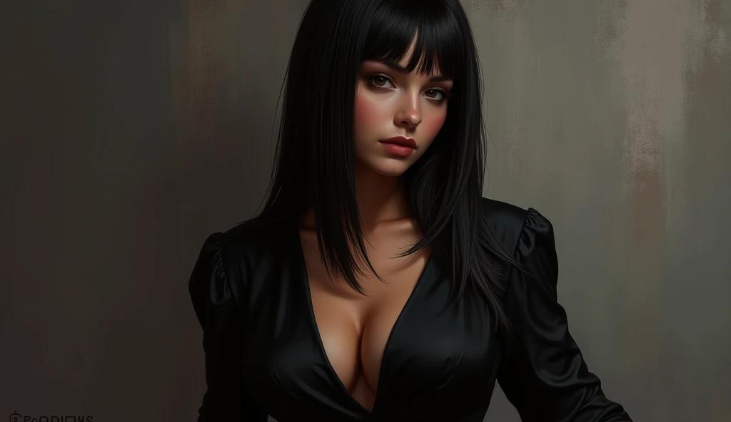 flux,Prompt: 1girl,solo,milf,dark_skin,,mature_female,seductive_expression,dress,black_hair,,(masterpiece,best quality,detailed, detailed_face .Sexy),cleavage,skindentation,full sleeves dress,blunt hair bangs, straight hair,dark skin,black dress,big breast...