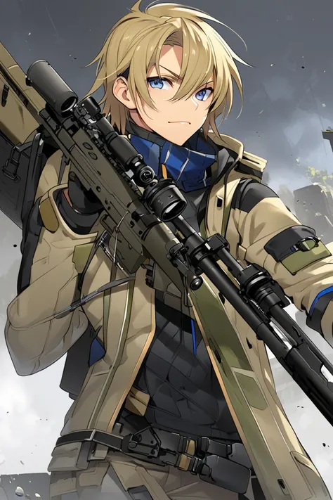 A 14-year-old boy, blonde,  sniper rifle, edge