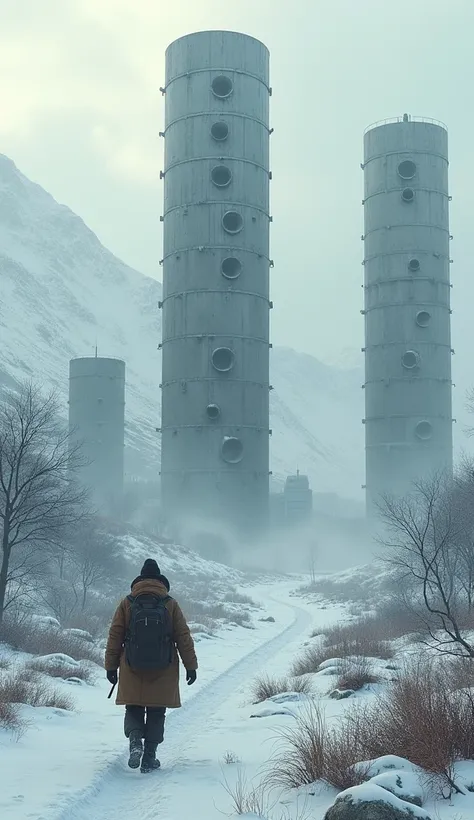 "In a post-apocalyptic world, a lone explorer trudges through the snow-covered ruins of a once-thriving, futuristic city. Towering cylindrical buildings with large, circular windows loom overhead, their cold, metallic surfaces weathered by time and the har...