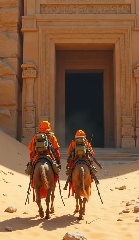 "In the vast expanse of an ancient desert, two nomadic explorers lead their heavily laden camels towards the entrance of a mysterious, weathered temple. The sun casts long shadows over the sand dunes, highlighting the intricate carvings and symbols etched ...