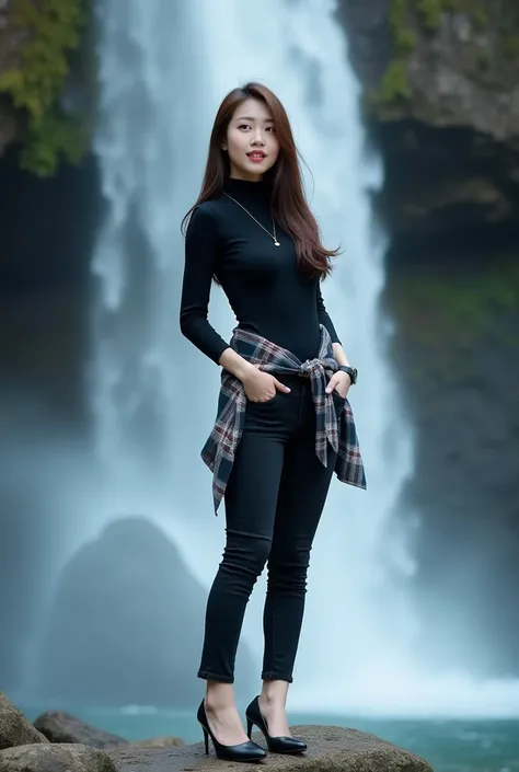 full body photography ,  A Korean woman is very beautiful, round face, fair skin,  slightly filled body . long brown hair.  Wearing a long-sleeved black color turtleneck , lined short sleeve flannel shirt , black jeans, high heels. Mini necklace ,  mini wa...