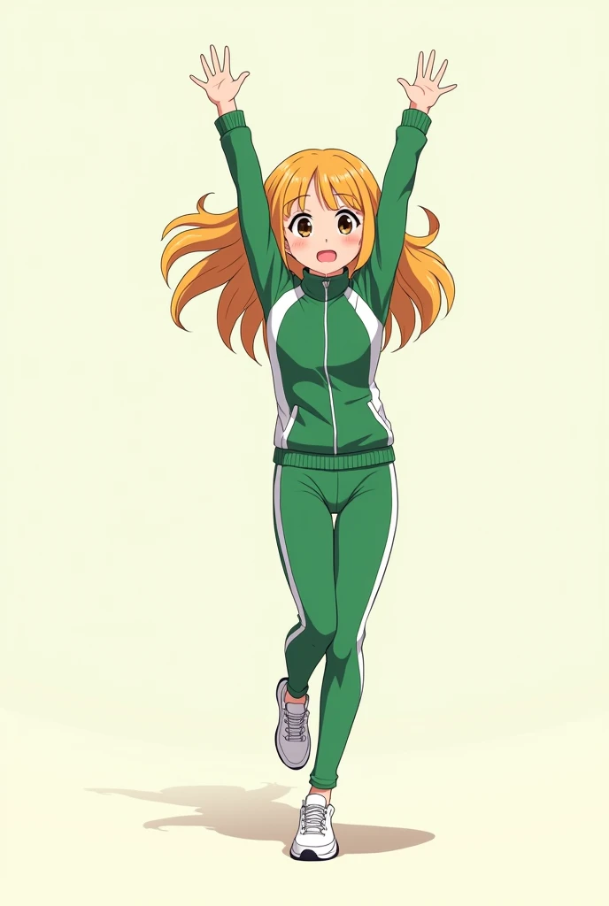 An anime girl doing exercises. Wearing green and white tracksuit. Both hands up in the air. Both feet on the ground. Picture is suitable for animation.