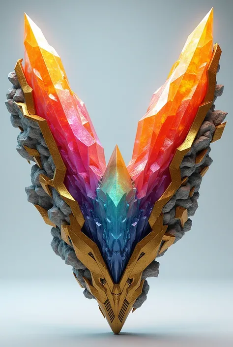 a colorful, multilayered V shaped crystal with gold metal armor on it and something that represents its a striker. 3D, Hyper real
