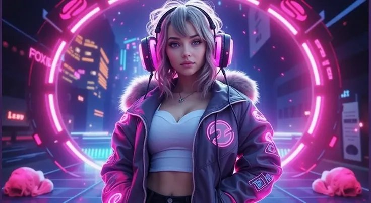 a woman wearing headphones and a jacket in a neon photo, headphones dj rave, girl wearing headphones, cyberpunk vibrant colors, neon cyberpunk vibrant colors, hq 4k phone wallpaper, phone wallpaper hd, high quality wallpaper, headphones, digital artwork 4 ...