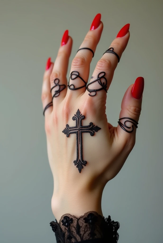 A hand tattooed with red nails and a crucifix wrapped with the cross in front