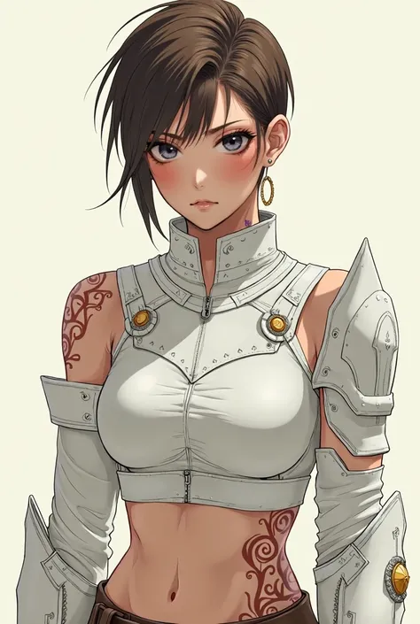  Woman with short brown hair and brown eyes looking somewhat manly with multiple scars, flat chest and white anime-style armor  