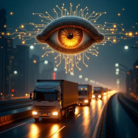 An ultra-realistic, cinematic portrayal of a busy urban highway, where a fleet of cargo trucks moves in sync, showcasing the complexity of logistics. Above, a highly stylized eye, resembling a high-tech surveillance camera lens, hovers in the sky. The eye ...