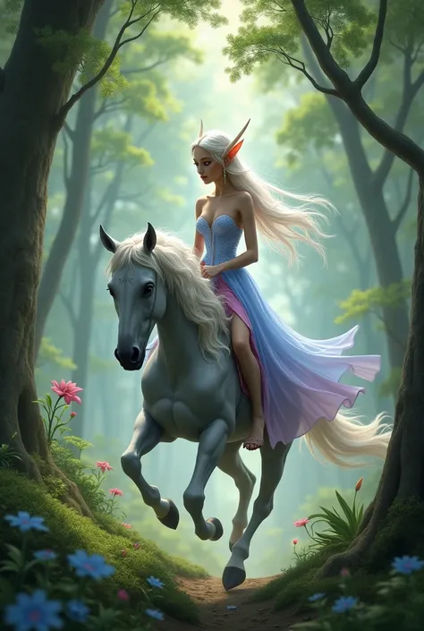 an elf woman dressed in an elegant light blue pink dress, she has long elf arms and an elf horn, she is riding on a gray blur through the forest
