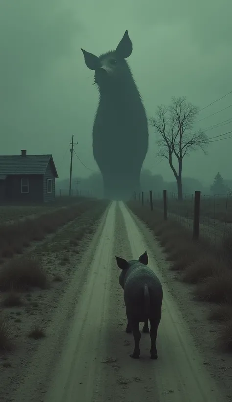 "A sinister shadow stretching across a dirt road, revealing the form of a pig with unnatural proportions, walking ominously toward a rural home."