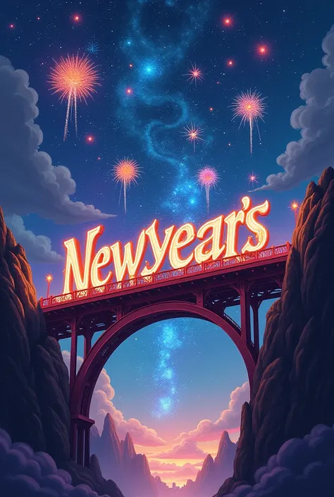 Elegant graffiti inscribed racoennewyearssss  ,   galaxy background illustrated with beautiful firecrackers on bridge 