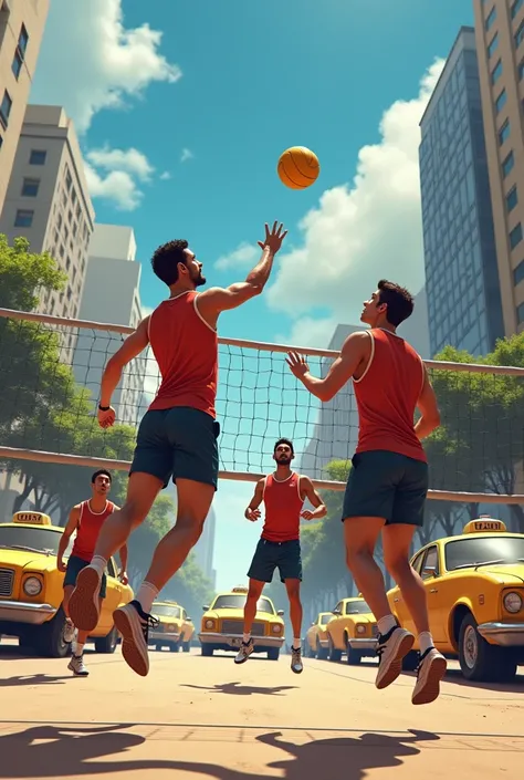 Men playing volleyball with taxis in the background