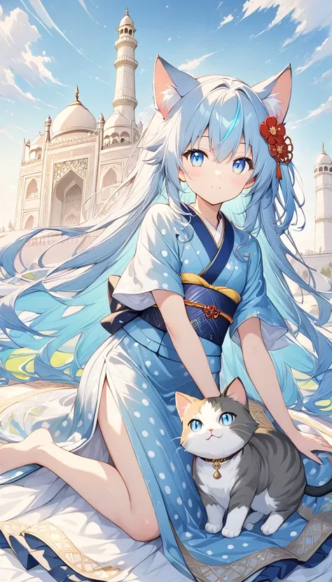 cat girl, detailed anime cat, full body, Girls Front, 20 years old, very long hair, very long blue and sliver hair, streaked hair, extremely beautiful detailed anime face and eyes, ^ ^, clear eyes, cat ears, beautiful detailed blue eyes, japanese kimono, p...