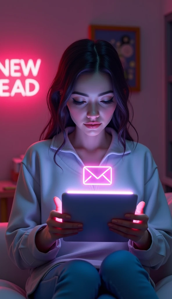 3d art-style woman at home holding a glowing tablet with glowing “NEW LEAD” effects in neo letters with glowing emails