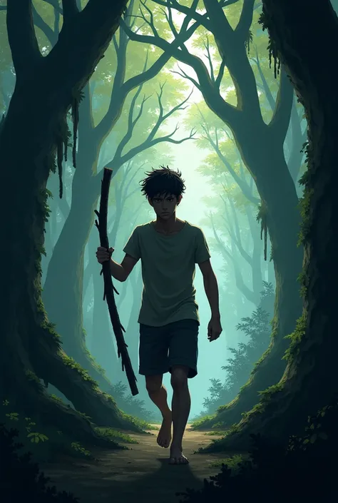 16-year-old man entering a large dark forest with a branch as a bat in his hand