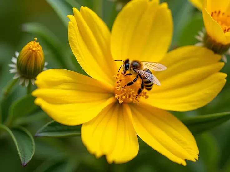 yellow flowers, bee, close-up, macro photography, lush greenery, soft focus background, vibrant colors, summer atmosphere
