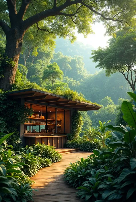 A cafe themed of the amazon rainforest surround by rainforest with no people in the picture