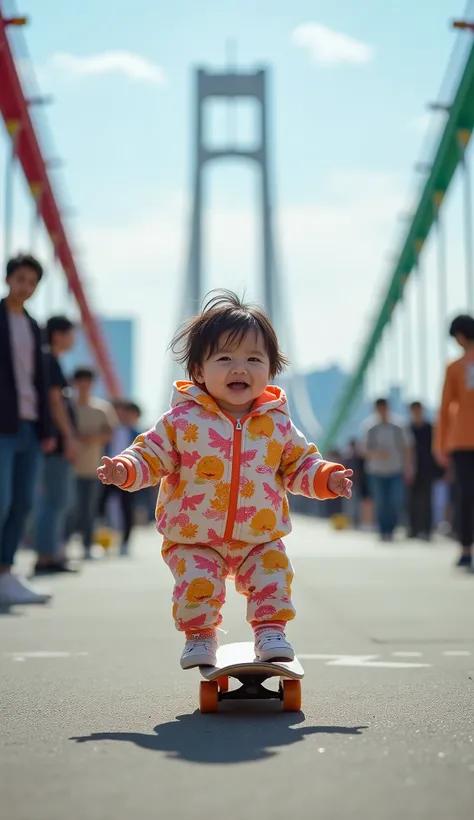 A small 3-month-old Japanese baby enjoys skateboarding at Tokyos Rainbow Bridge　 high definition 、 top quality、 real　 Real Photos　8k　Adults are cheering all around 　 cute clothes