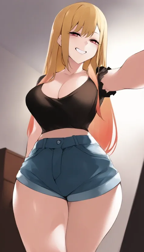 Marin Kitagawa,  blonde hair , long hair,  red eyes, (:1.1),  Wear a black shirt combined with very tight denim shorts,casual style,  exposed legs  , thick thighs ,  At knee height , bright, oily skin,
Selfie,focus only,  half-closed eyes ,   smiling,   lo...