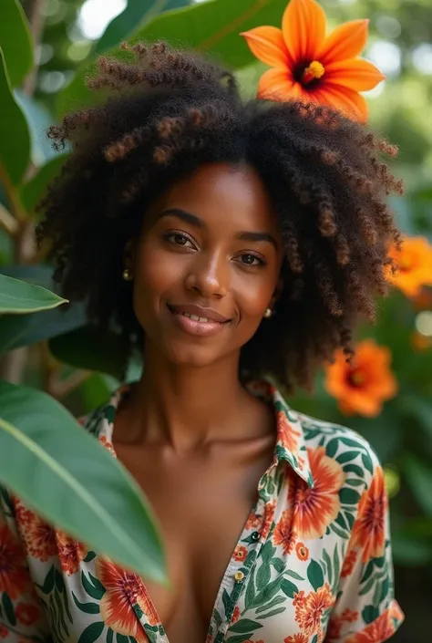  A Brazilian woman in a lush tropical garden,  wearing an open shirt with floral print ,  with a close up capturing the harmonious beauty between her breasts and natural flowers,  showing your natural charm and outgoing personality.