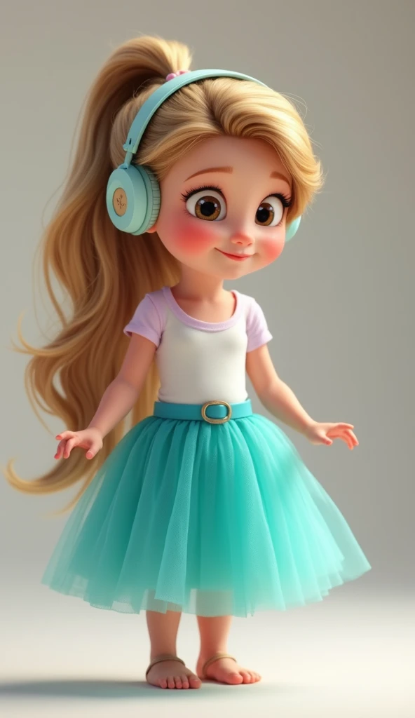 Disney Pixar style character Rapunzel baby with ponytail in her hair who wears turquoise blue tulle skirt and white t-shirt and who has headphones on and who is standing so that she has dancing movements