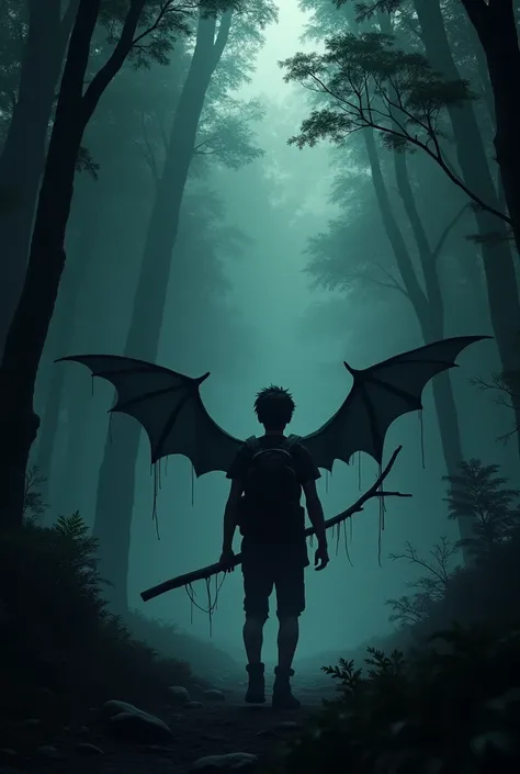 16-year-old man entering a large dark forest with a branch like a bat in his hand with his back to the camera