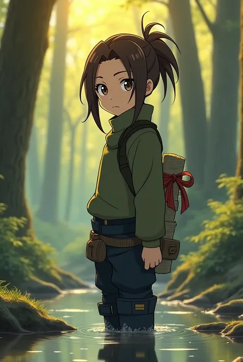 iruka, Appearance of a 16-year-old,  is standing on the edge of a small forest stream ,  his posture reveals a mixture of determination and serenity .  He wears a long-sleeved shirt in olive green , slightly loose ,  with the sleeves folded up to the elbow...