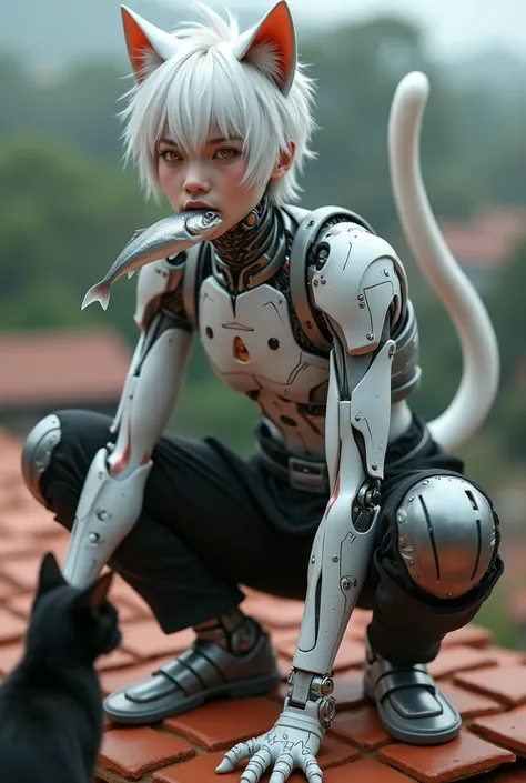 Japanese male, 20 years old, white two-block hairstyle, a pair of white cat ears on his head,Has a white cat tail,Cyborg neck with a combination of sparkling white and silver,Cyborg arms and cyborg shoulders cyborg muscles cyborg fingers with a combination...