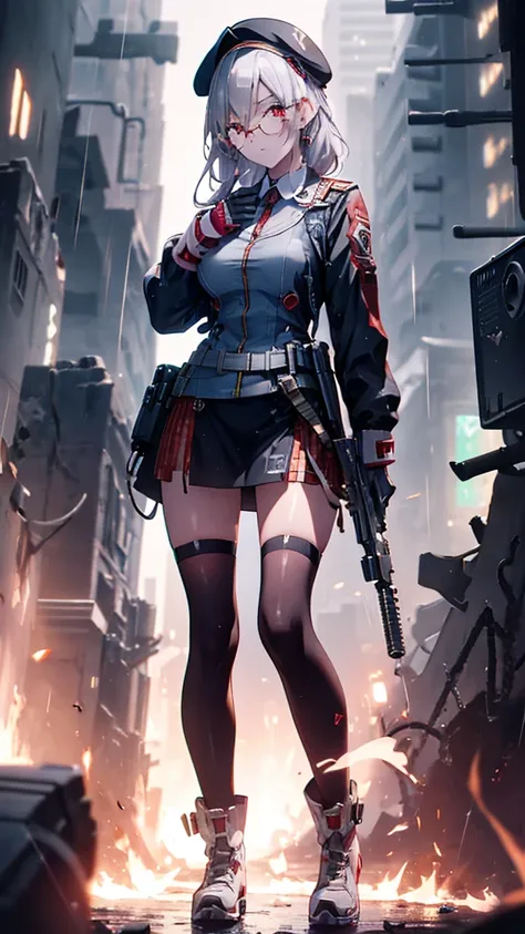 Silver Haired Girl,((Yuki Izumi))(( small breasts:0.6)), red glasses, face down ,Sighting gun, Tactical Boots ,Futuristic gun,Rain environment, high image quality,8k, super detailed, surreal(()),  Masterpiece  , cinematic lights, Dramatic Lighting ,Dramati...