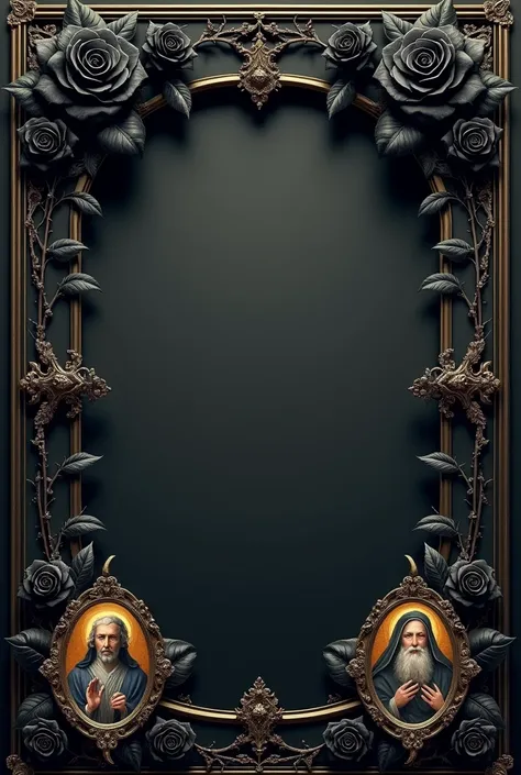 A flyer background with a frame of black roses and saints 