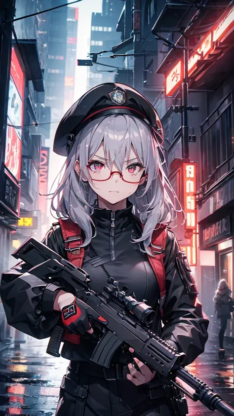 Silver Haired Girl,((Yuki Izumi))(( Big Breasts :0.6)), red glasses, face down ,Sighting gun, Tactical Boots ,Futuristic gun,Rain environment, high image quality,8k, super detailed, surreal(()),  Masterpiece  , cinematic lights, Dramatic Lighting ,Dramatic...