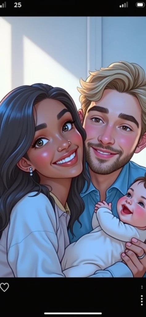  A young interracial couple based on the reference of the attached photos,  holding her baby daughter in her arms ,  with the fair-skinned man ,  brown eyes , Dark blonde straight hair, short beard, wearing a blue shirt,  and the light-toned black-skinned ...