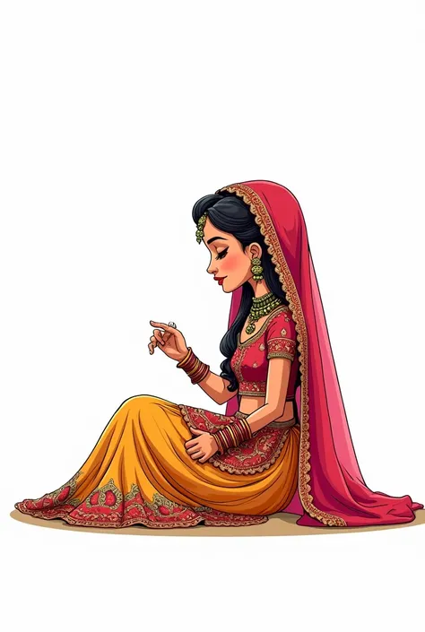 bride in traditional pakistani wedding haldi pose on a 
 white background in cartoon form while sitting side pose

