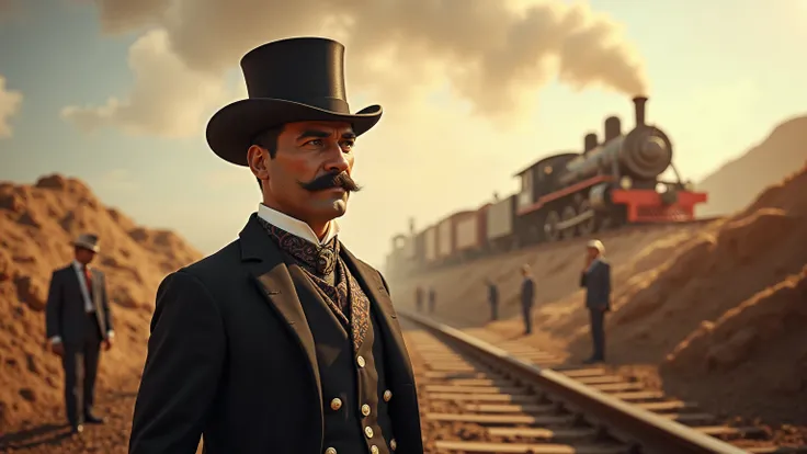 " Portray Irineu Evangelista de Souza , the Baron of Mauá,  in a 19th century setting ,  with a background that shows a railway under construction ,  symbolizing your contributions to Brazils progress .  It must be represented with a dignified and determin...