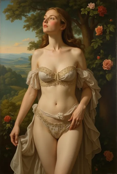  a painting in the style of Raphael, A beautiful Caucasian woman ,Wearing transparent clothes,Big breasts.