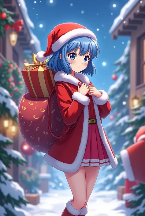 Sailor Mercury anime dressed as Mother Claus carrying a gift bag and Christmas season background 