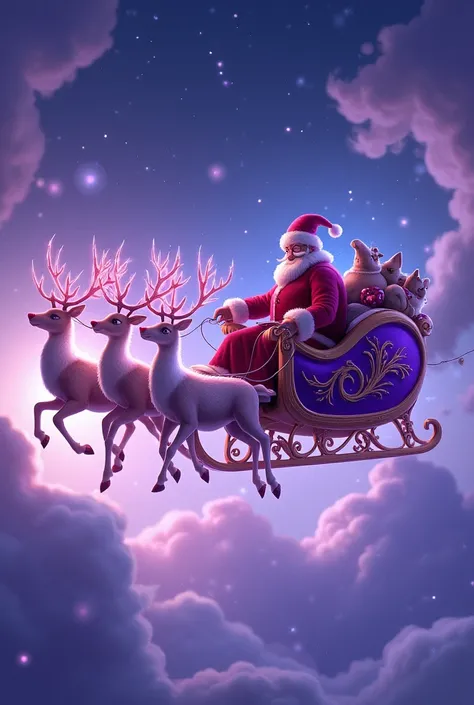 Santa’s sligh and raindeer. In purple 