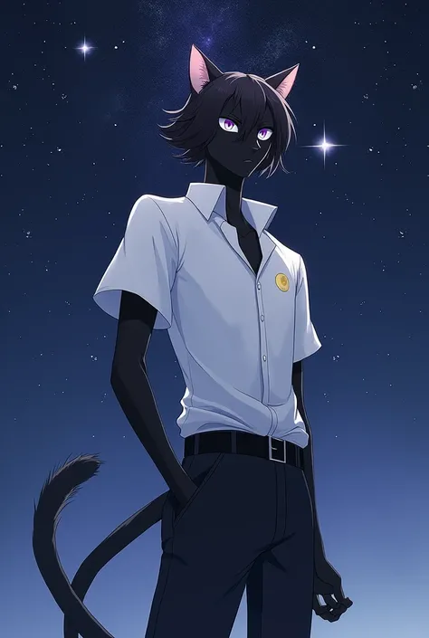  A furry cat with black fur and being Male  ,  style and has paws and with purple eyes and being thin and tall wearing a white shirt and with a small moon symbol on his white shirt and wearing black pants,  With black hair that goes to the right side and h...