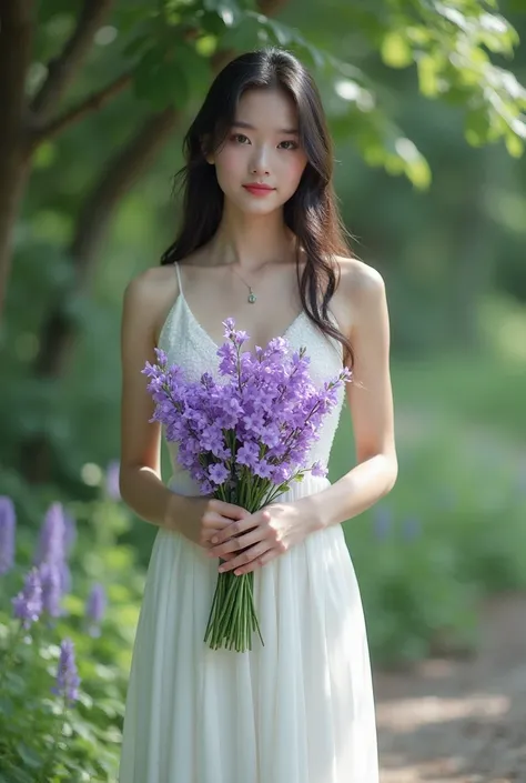 Standing girl in white dress holding a bouquet of violets