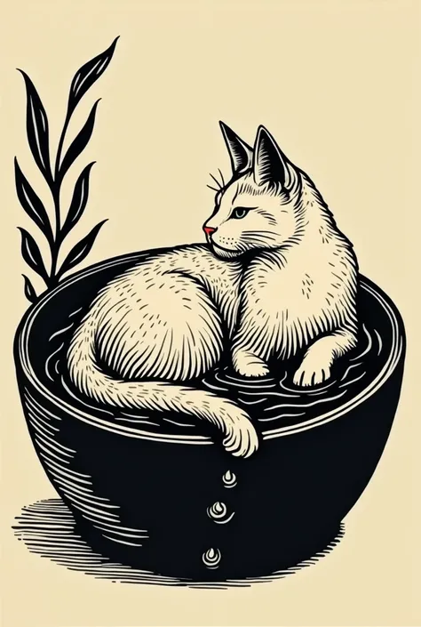 Dessin chat dans une bassine style linogravure