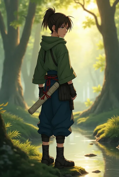 iruka, The appearance of a 16-year-old boy ,  is standing on the edge of a small forest stream ,  his posture reveals a mixture of determination and serenity .  He wears a long-sleeved shirt in olive green , slightly loose ,  with the sleeves folded up to ...