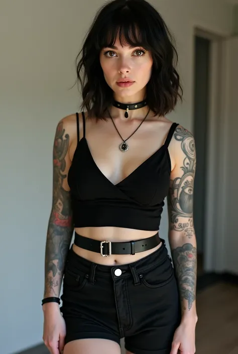 a young woman with tattoos on her arms and a black top and short skirt is posing for a photo, she is wearing a black regatta e micro saia, wearing a short black blouse, wearing a cropped black regatta, black regatta, fair top, tight black regatta, body pre...