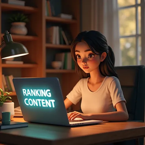 3d art woman at home on laptop typing a blog post with glowing letters labeled “High-Ranking Content”