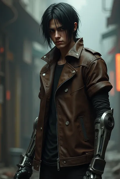 My character will have a ,60 tall, He will have tight dark black hair with a lock in front of his face,  with a scar on his left eye ,  he will have a mechanical right arm ,  he will wear a brown leather smile 