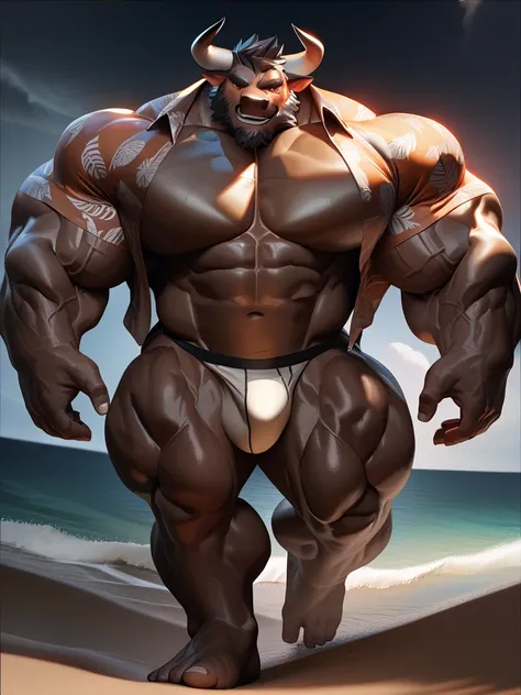 by_lindong, score_9, score_8, A huge muscular old bull, furry bull, full body, walking, jockstrap, (Hawaiian shirt. open shirt), beach, bulge, cock view, short hair, detailed wrinkles, happy, detailed veins, (detailed muscles, over sized muscle, very huge ...