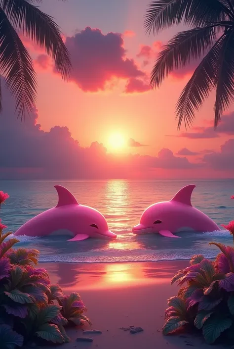 Image of two pink dolphins
 in the form of. Deep heart of a sunset on the beach and plants in a circle the image

