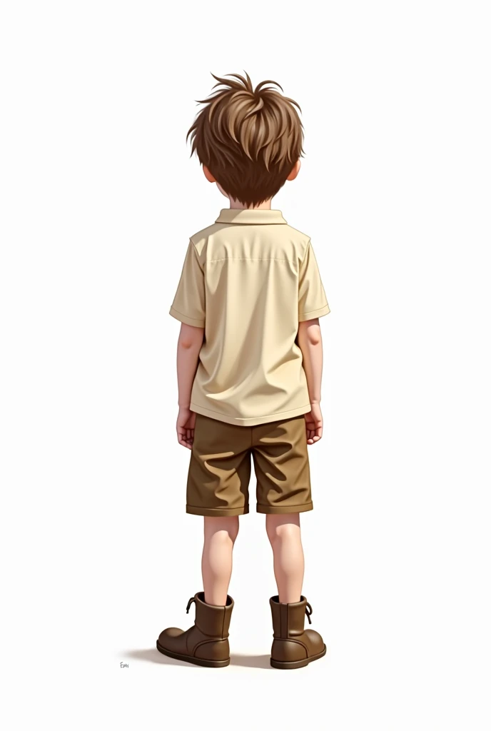  Boy with short wavy brown hair, wearing a cream polo , brown shorts and brown boots ,  with their backs to the camera, fondo blanco, Realistic drawing 